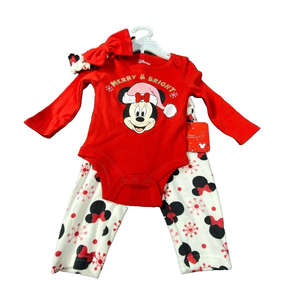 NWT Disney Baby Girl Minnie Set 0-3 M Red Christmas Outfit Bodysuit Pants Bow